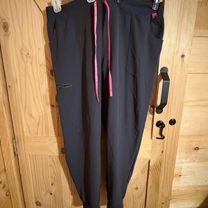 Gray Jogger Scrubs with Pink Drawstring